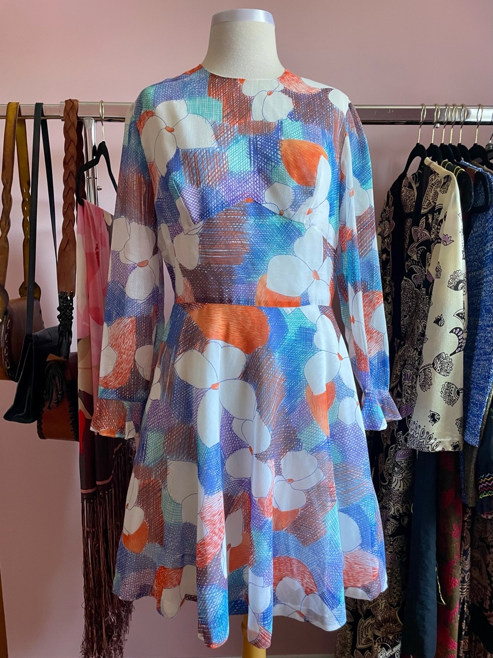 Vintage 60s 70s Floral Graphic Print Cotton Flower Power Mod Mini Dress